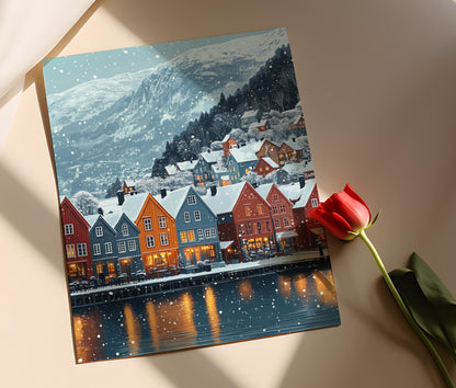 Affiche Bergen Hiver – Poster Art Print de Bryggen enneigé en Norvège