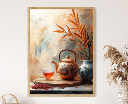 Affiche Thé Rouge – Impression d'Art, Théière en Argile et Plateau Bamboo