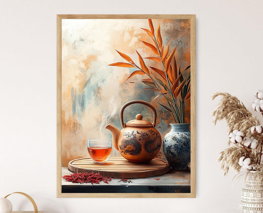 Affiche Thé Rouge – Impression d'Art, Théière en Argile et Plateau Bamboo