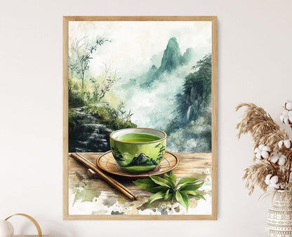 Affiche Thé Vert – Poster Tasse en Bambou avec Paysages Artistiques