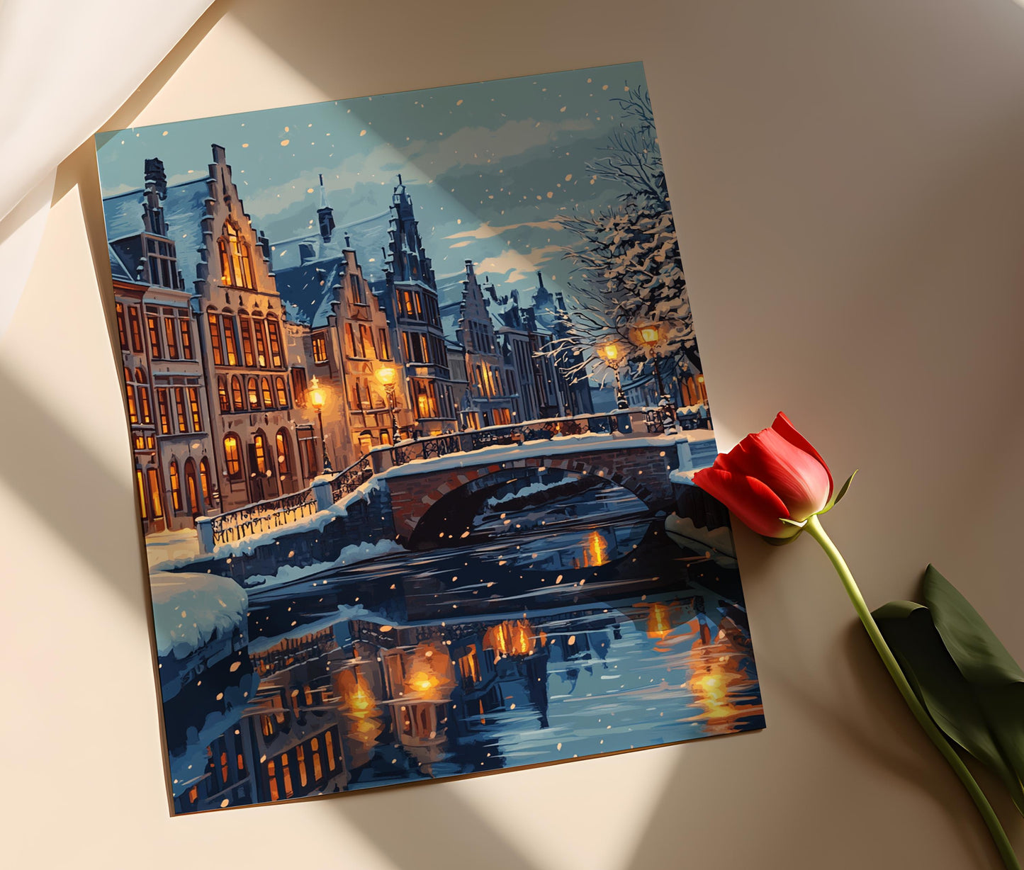 Affiche Hiver à Gand – Poster Vue Médiévale de Belgique enneigée