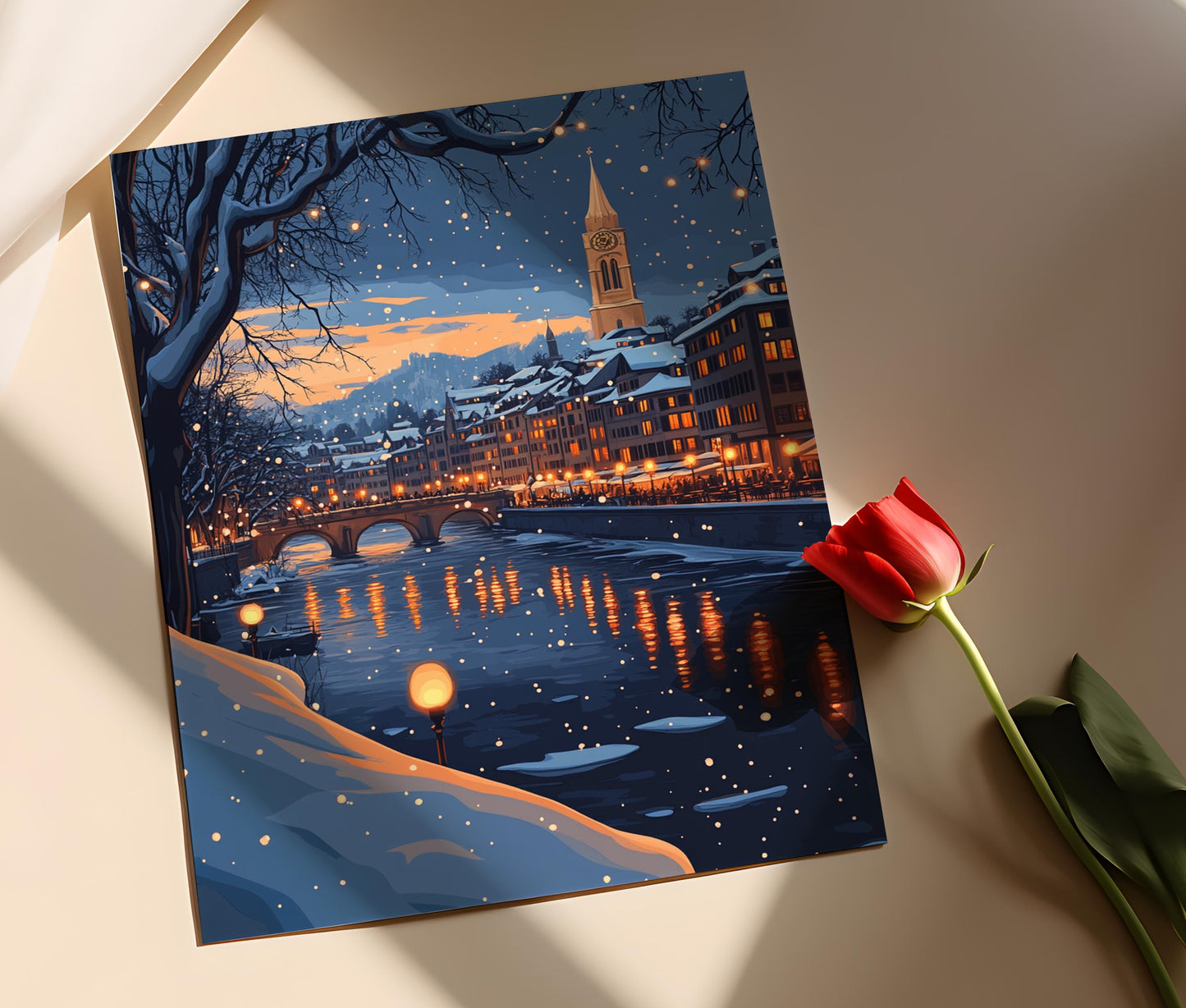 Affiche Zurich Hiver – Poster Décor de Vieille Ville enneigée en Suisse