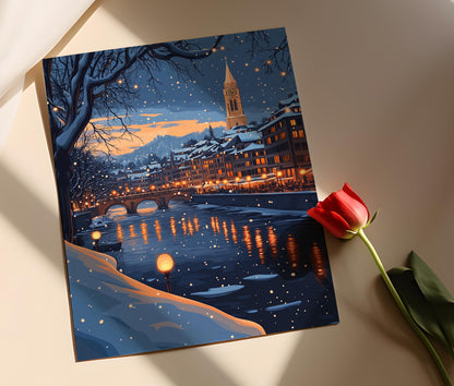 Affiche Zurich Hiver – Poster Décor de Vieille Ville enneigée en Suisse