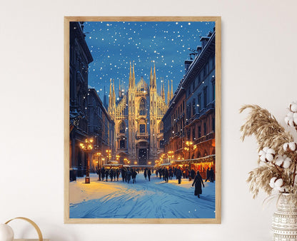 Affiche Hiver à Milan – Poster Art Print Duomo enneigé, Décor Festif