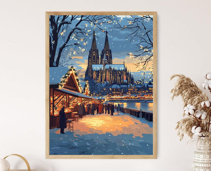 Affiche Hiver à Cologne – Poster Art déco de la cathédrale enneigée