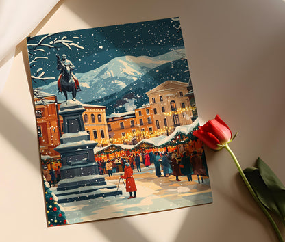 Affiche Hiver à Tirana – Poster Art de Skanderbeg en Albanie enneigée