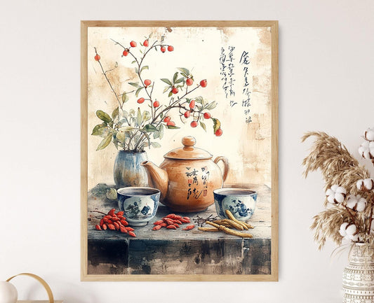 Affiche de Thé Herbal – Illustration de Théière Yixing et Calligraphie Chinoise