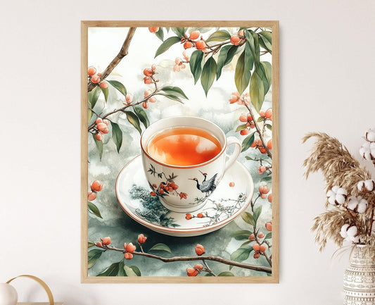 Affiche Thé Osmanthus – Imprimé de Tasse avec Grue et Nuages