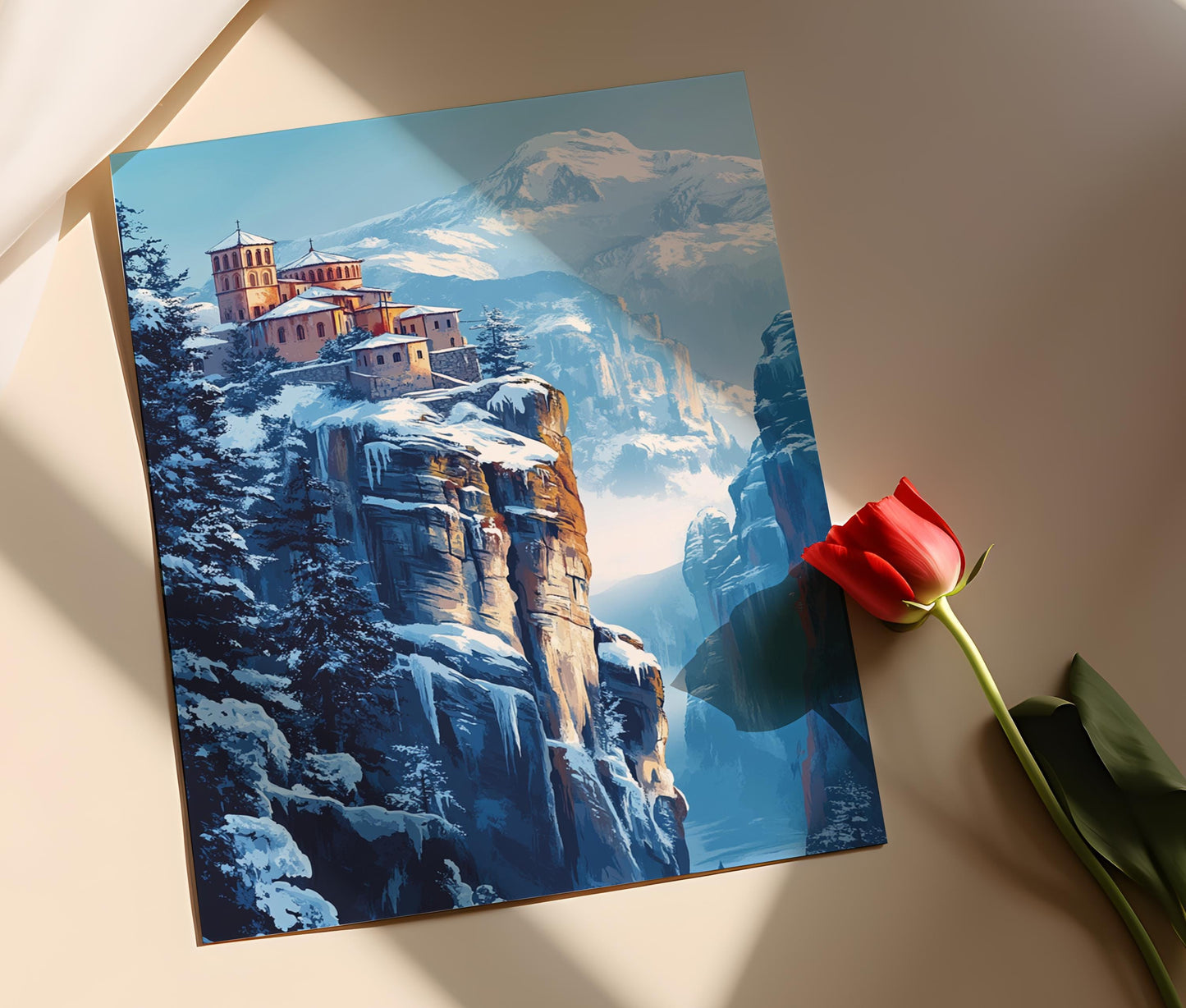 Affiche Météores en Hiver – Poster de Paysage Grec Sous la Neige