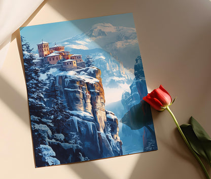 Affiche Météores en Hiver – Poster de Paysage Grec Sous la Neige