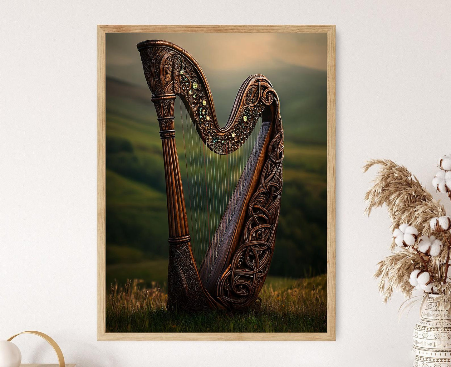 Affiche Harpe Celtique – Poster avec Nœuds Intriqués et Symboles Musicaux