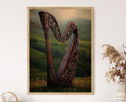 Affiche Harpe Celtique – Poster avec Nœuds Intriqués et Symboles Musicaux