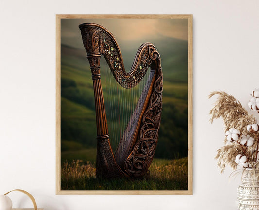 Affiche Harpe Celtique – Poster avec Nœuds Intriqués et Symboles Musicaux