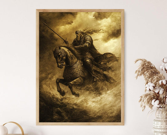 Affiche Guerrier Celtique – Poster Art avec Cheval, Armure et Motifs Nœuds