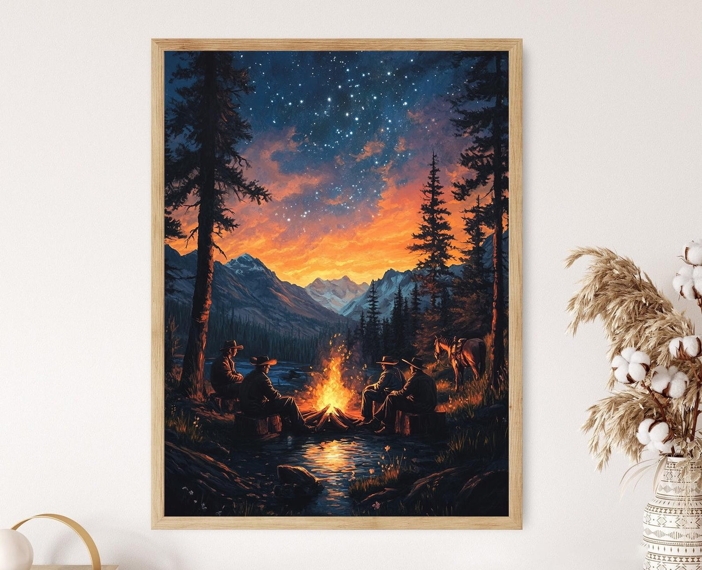 Affiche Cowboy Montanain – Illustration de feu de camp étoilé