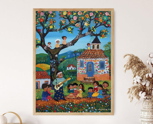 Affiche Conte Folklorique Portugais – Illustration d'un Village Chaleureux