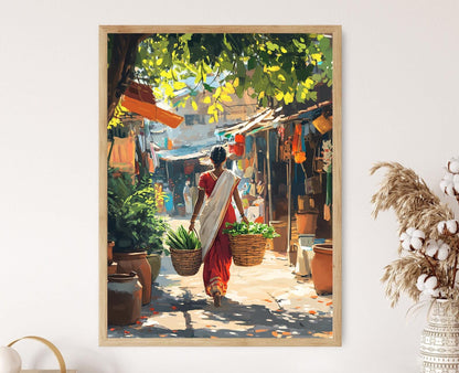 Affiche Femme Bengali au Marché – Poster Art Sari Traditionnel