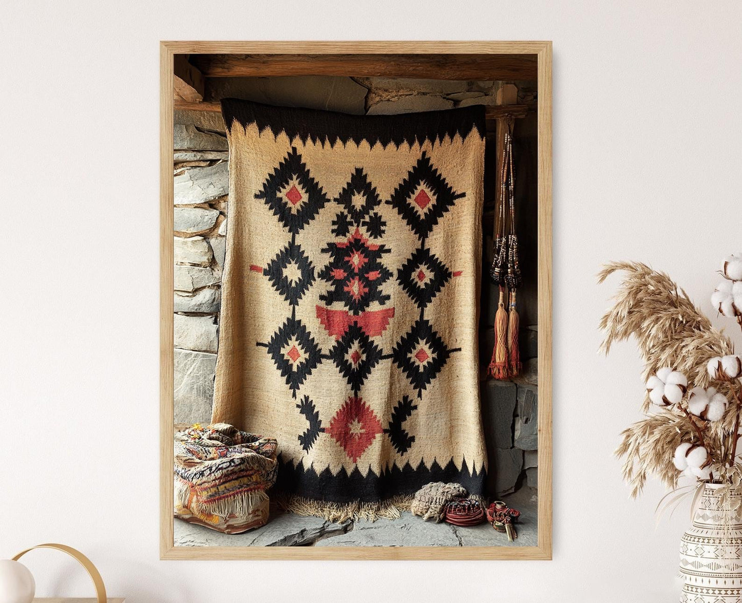 Affiche Tapisserie Pashtoune – Poster Décor Élégant en Broderie Géométrique