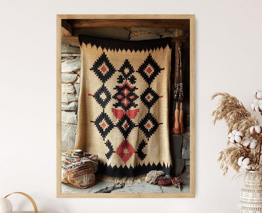 Affiche Tapisserie Pashtoune – Poster Décor Élégant en Broderie Géométrique