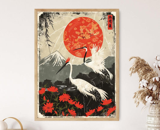 Affiche Hanafuda – Impression Art avec Grues Japonaises et Fleurs
