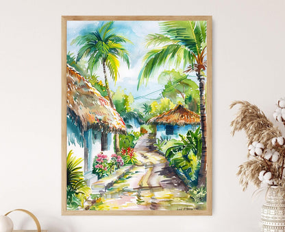 Affiche Campagne Dominicaine – Poster Maisons Traditionnelles en Aquarelle