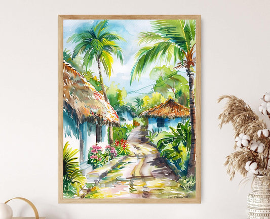 Affiche Campagne Dominicaine – Poster Maisons Traditionnelles en Aquarelle
