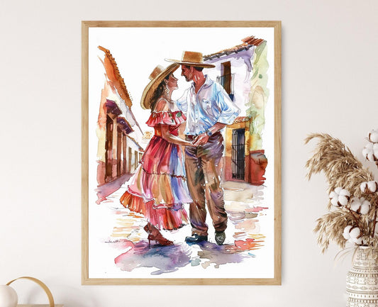 Affiche Bachata – Poster Danseurs en Tenue Traditionnelle Aquarelle