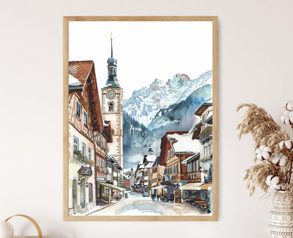 Affiche Garmisch-Partenkirchen – Poster Illustration de Station de Ski Bavaroise