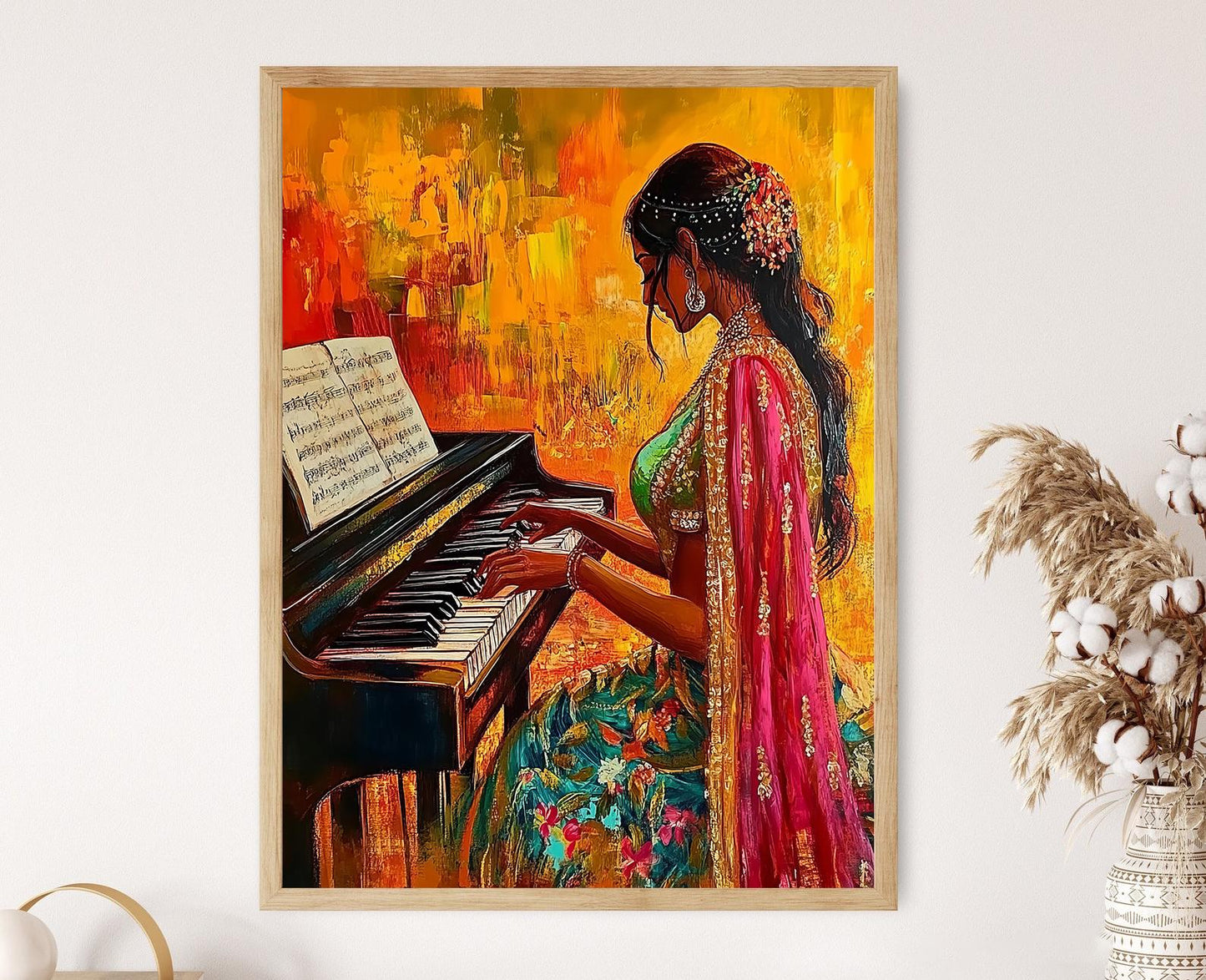 Affiche Femme Indienne en Saree Jouant du Piano – Art Mural Boho Desi