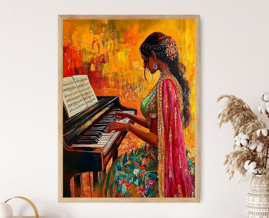 Affiche Femme Indienne en Saree Jouant du Piano – Art Mural Boho Desi