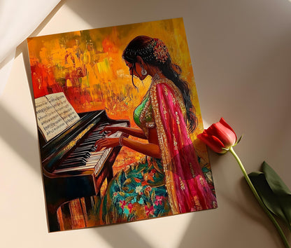Affiche Femme Indienne en Saree Jouant du Piano – Art Mural Boho Desi