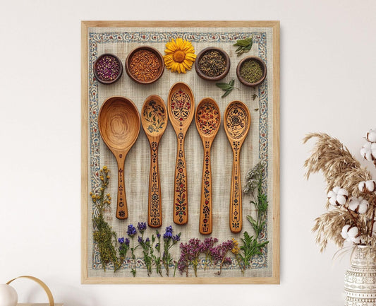 Affiche Cuisine Héritage – Poster Set de Cuillères en Bois Iraniens