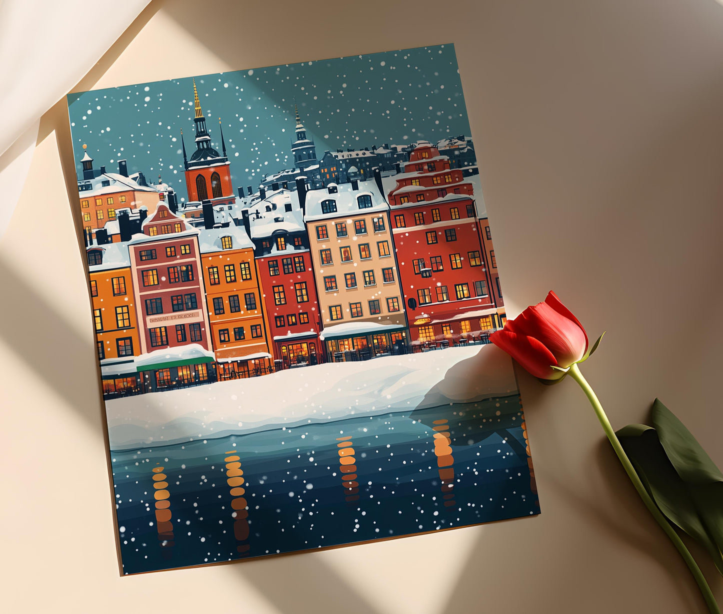 Affiche Stockholm Hiver – Poster Décor de la Rivière Enneigée à Gamla Stan