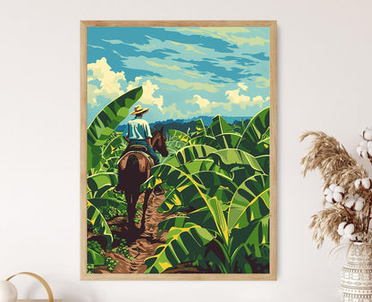 Affiche Équateur – Poster Art Agricole: Fermier de Bananes à Cheval