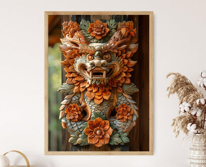 Affiche en bois sculpté balinais – Art traditionnel et motifs raffinés
