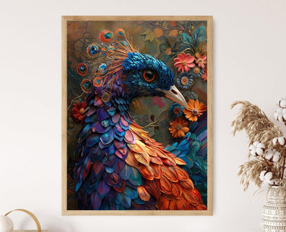 Affiche Paon Élégant – Poster Peinture aux Plumes Vives et Présence Royale