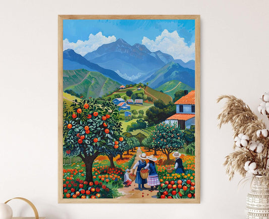 Affiche Verger Chilien – Poster Paysage de Fermiers Cueillant des Pommes