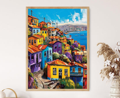 Affiche Valparaíso – Peinture côtière, maisons colorées et port vibrants