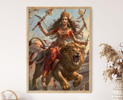 Affiche Durga Féroce – Poster de la Déesse sur Lion