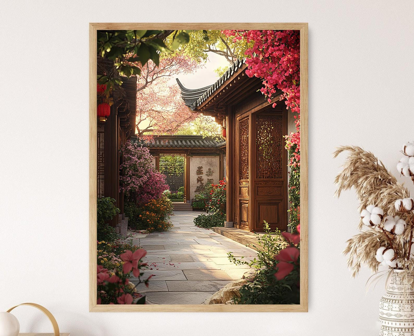 Affiche Jardin Hutong – Poster Fleurs Épanouies et Portes en Bois