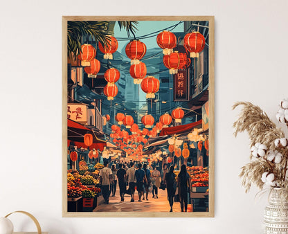 Affiche Petaling Street – Impression artistique, lanternes rouges, marché
