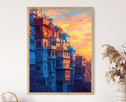 Affiche Coucher de Soleil à Jodhpur – Poster Maisons Indiennes Colorées