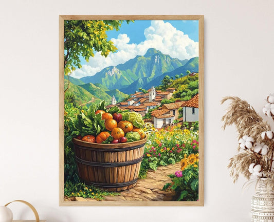 Affiche Style Ferme Colombienne – Poster Panier en Bois avec Art de Récolte