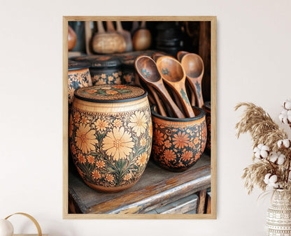 Affiche Art Populaire – Impression en Écorce de Bouleau Russe avec Cuillères Khokhloma