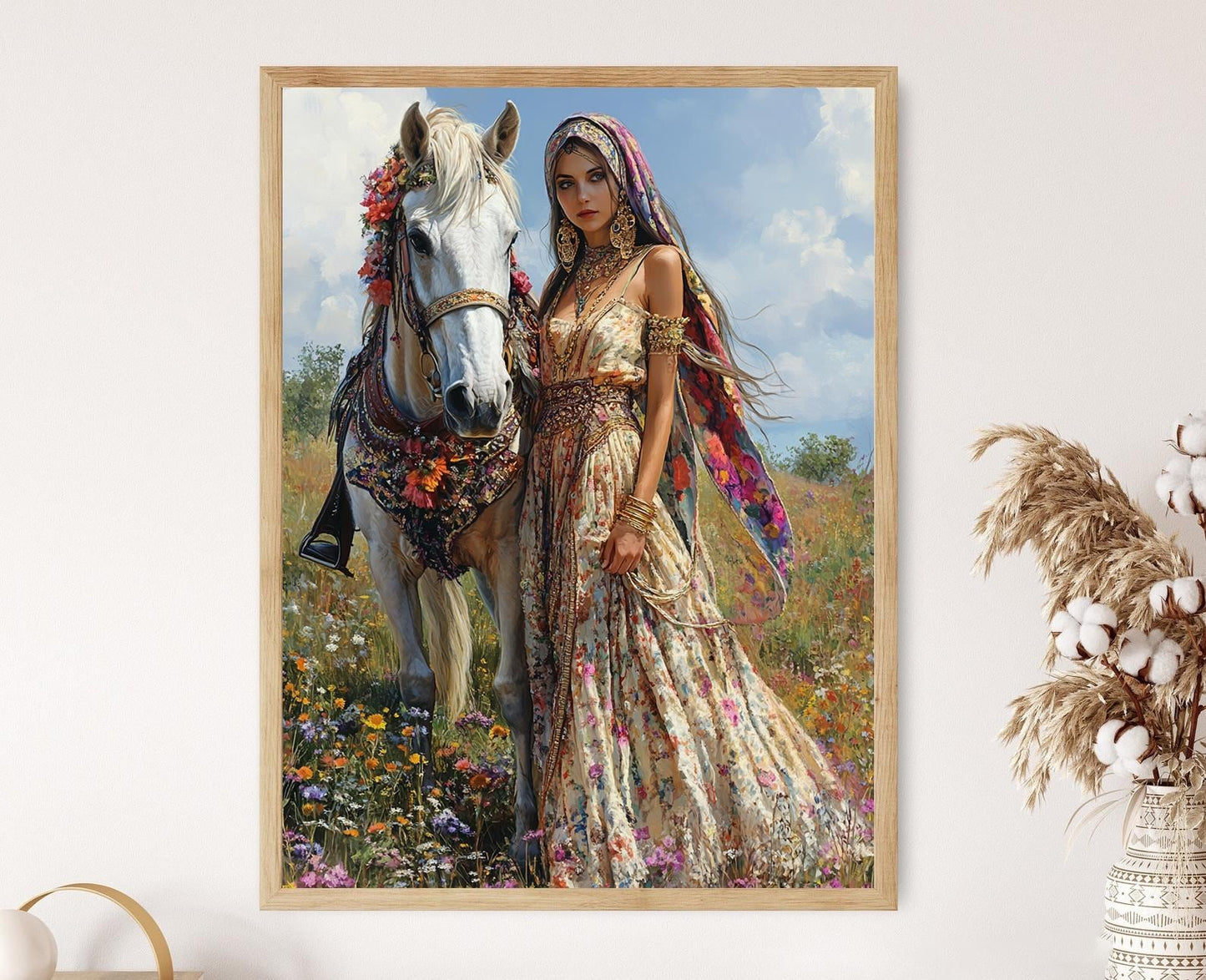 Affiche Bohème – Poster Femme gitane avec cheval et fleurs élégantes