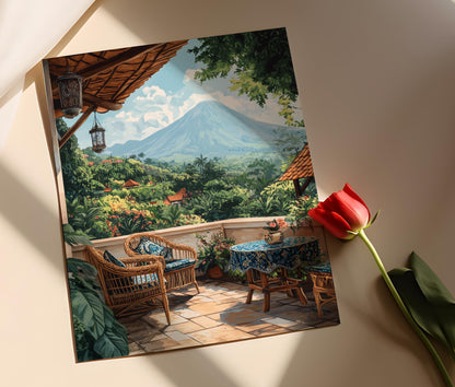 Affiche Terrasse Yogyakarta – Poster Art Batik Indonésien & Mobilier Bamboo