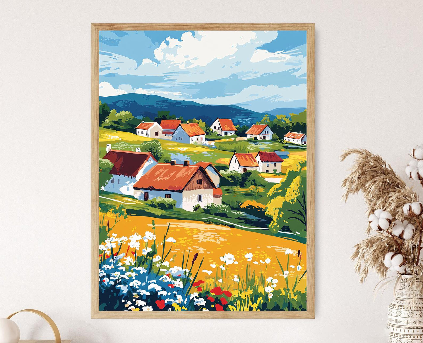 Affiche Hlebine – Poster Art Naïf Croate, Paysage Rural Élégant