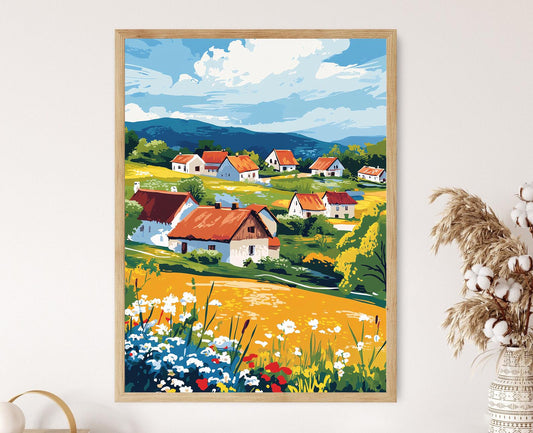 Affiche Hlebine – Poster Art Naïf Croate, Paysage Rural Élégant