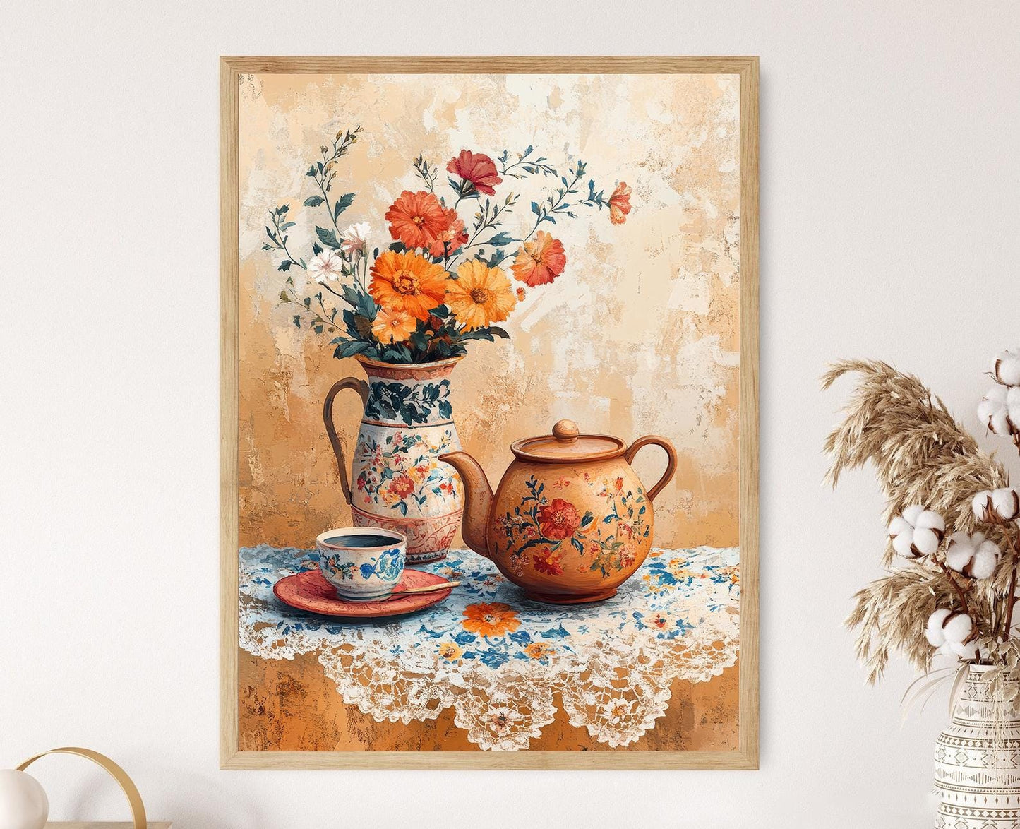 Affiche Scène de Thé Arménien – Poster Pot en Argile et Nappe en Dentelle