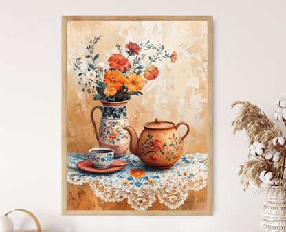 Affiche Scène de Thé Arménien – Poster Pot en Argile et Nappe en Dentelle